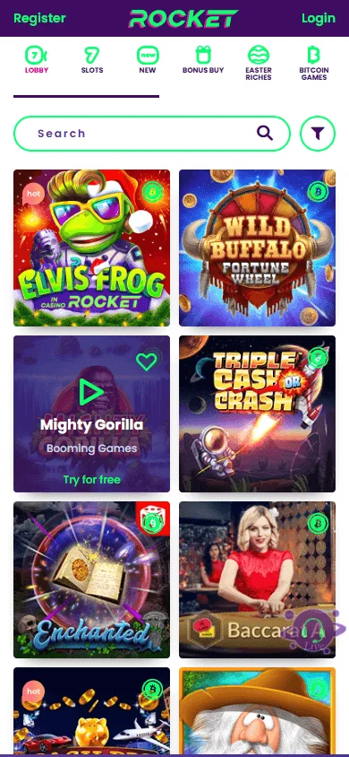Rocket Casino mobile games area with casino titles