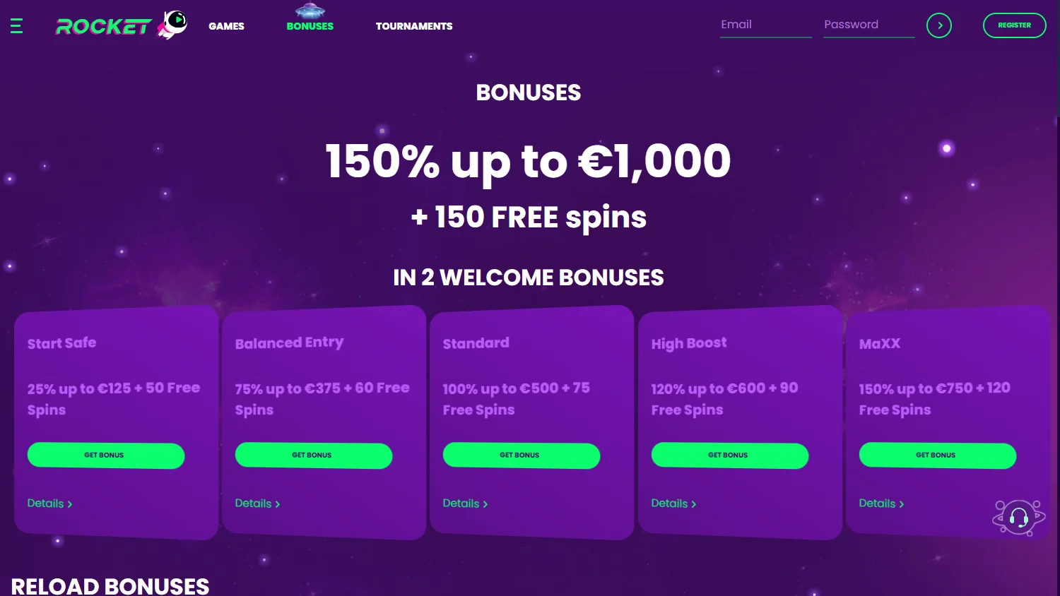 Rocket Casino desktop promotions area with bonuses and tournaments