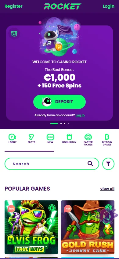 Rocket Casino mobile home screen for Australian players