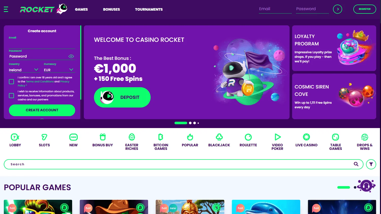 Rocket Casino desktop home screen with the Australian casino offer