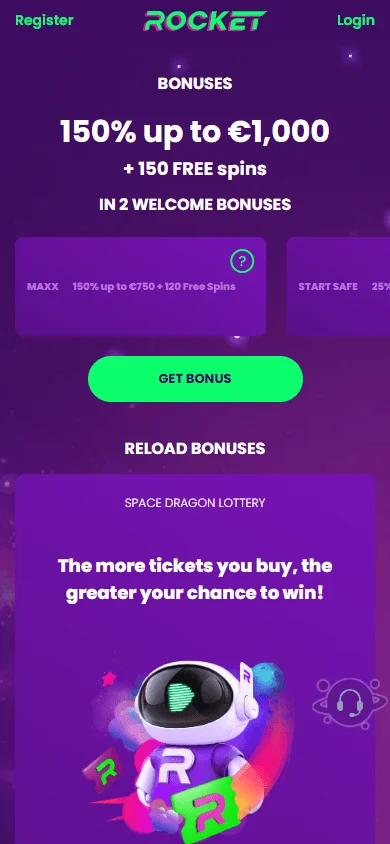 Rocket Casino mobile promotions area with available rewards