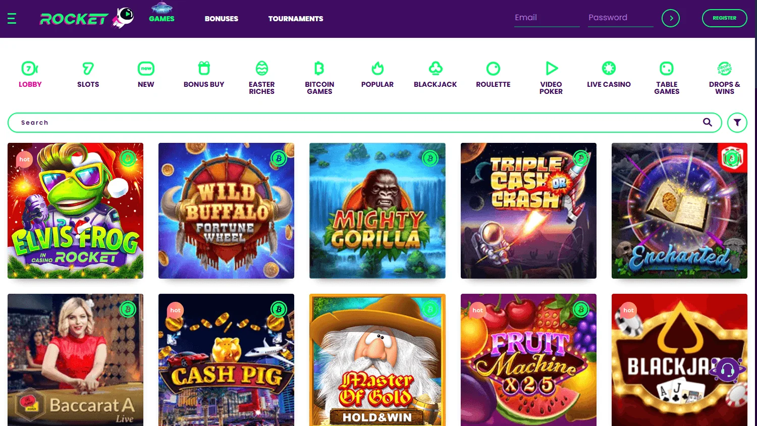 Rocket Casino desktop games area with casino titles